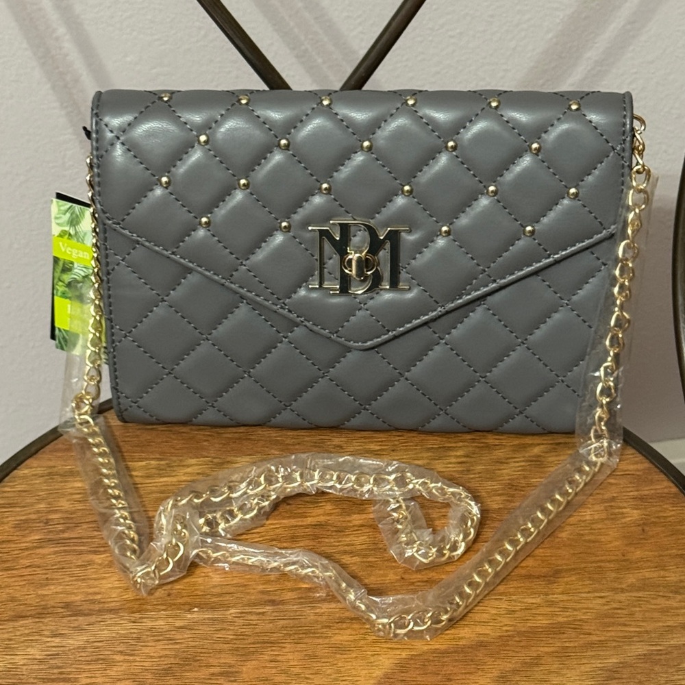 Badgley Mischka Quilted Gray Crossbody with Gold Chain